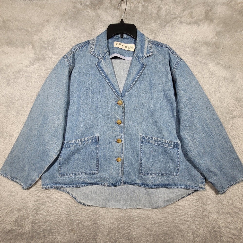 Orvis Denim Blazer Jacket Womens 14 Button Front Pockets Casual *stain